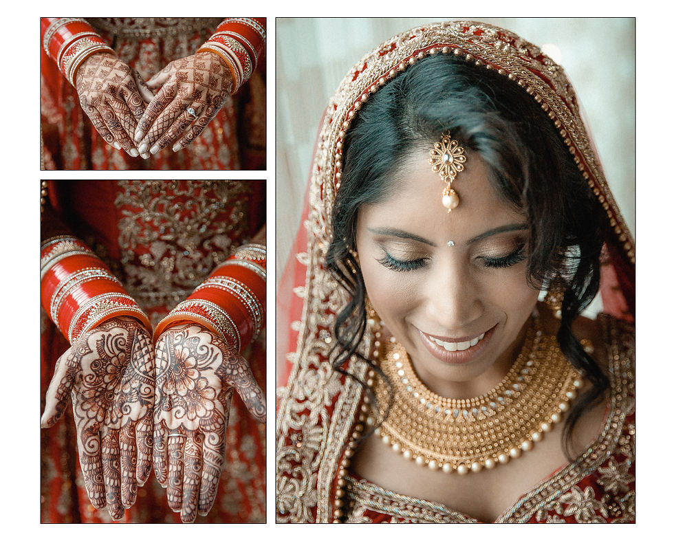 Bride looking down at her hands that are painted with ornamental work called Mehndi