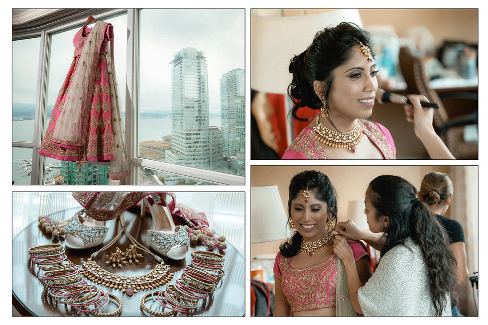 detail shots of accessories and Indian wedding dress along with bride putting everything on in an album layout