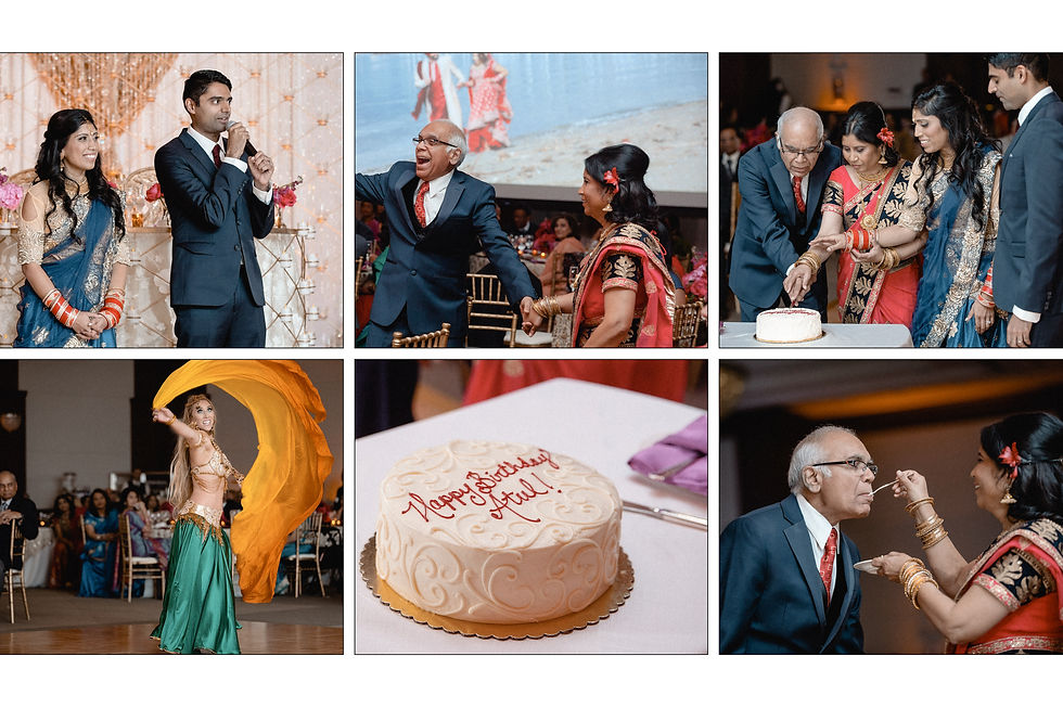 multitude of images of bride, groom and parents cutting the birthday cake