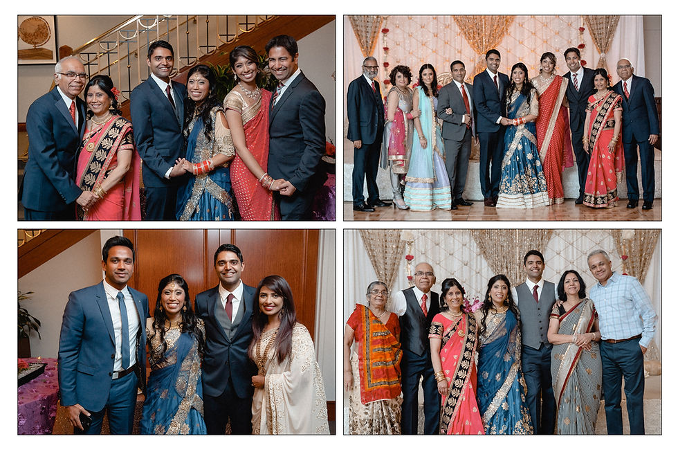 group shots of family members with the couple at the banquet hall