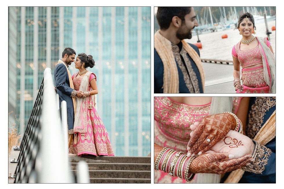 three photos of consisting of closeup of bride and grooms hands, the bride and groom full height portrait and a shot of the bride with groom in foreground