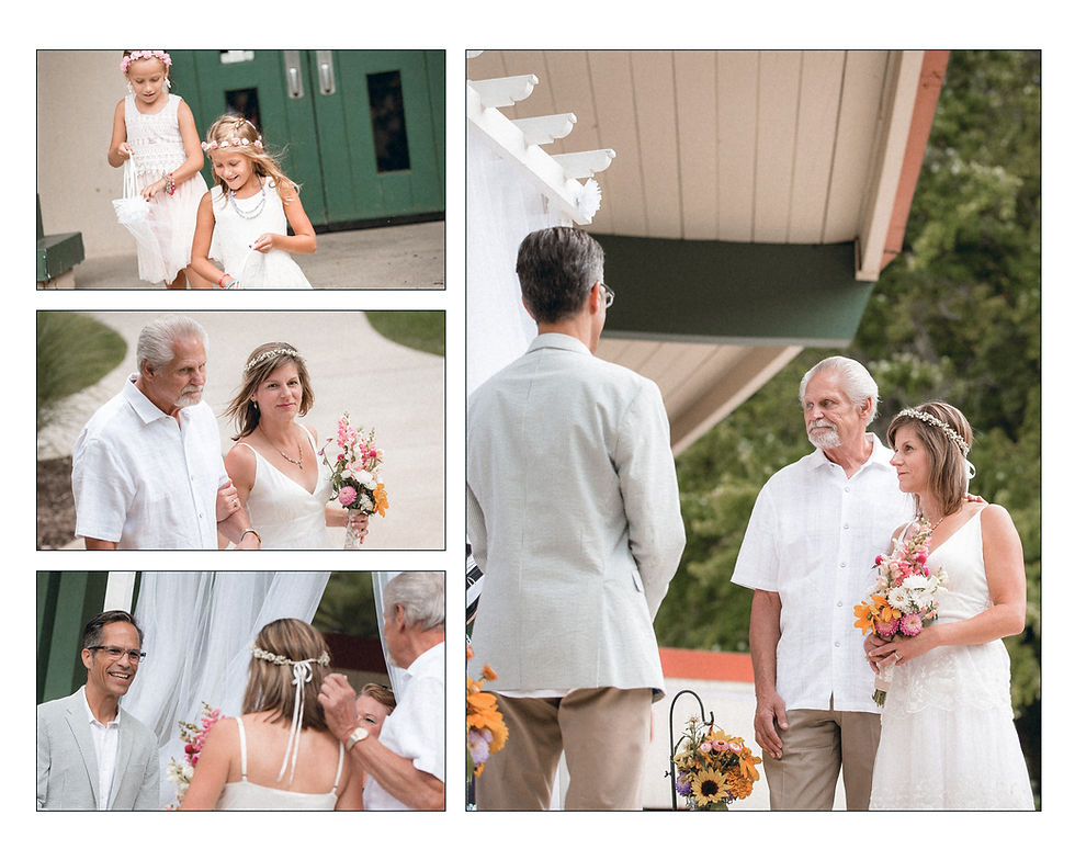 flowergirls, bride and her dad arrive at the ceremony, the groom is happy to see them in this album page