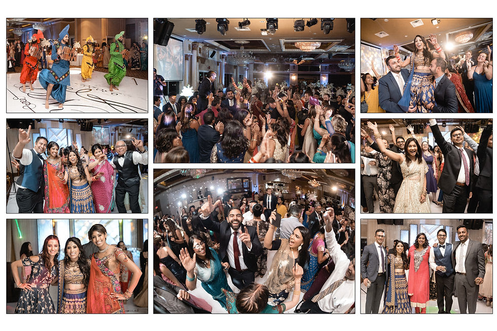 multiple shots of performances and dancing guests at the wedding reception