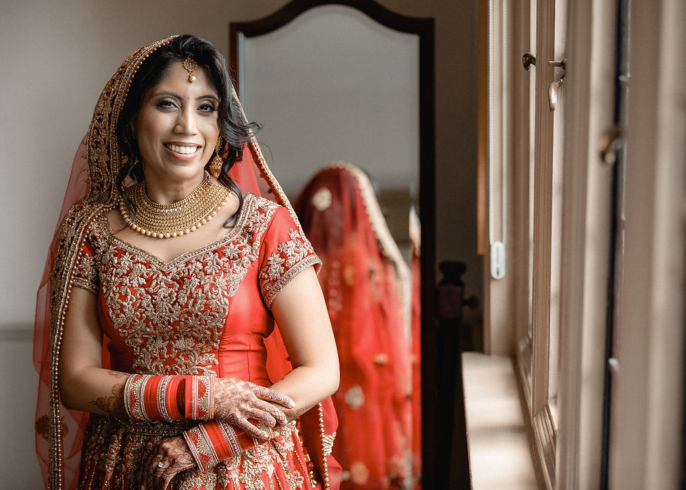 half body shot of Indian bride with her reflection in the mirror
