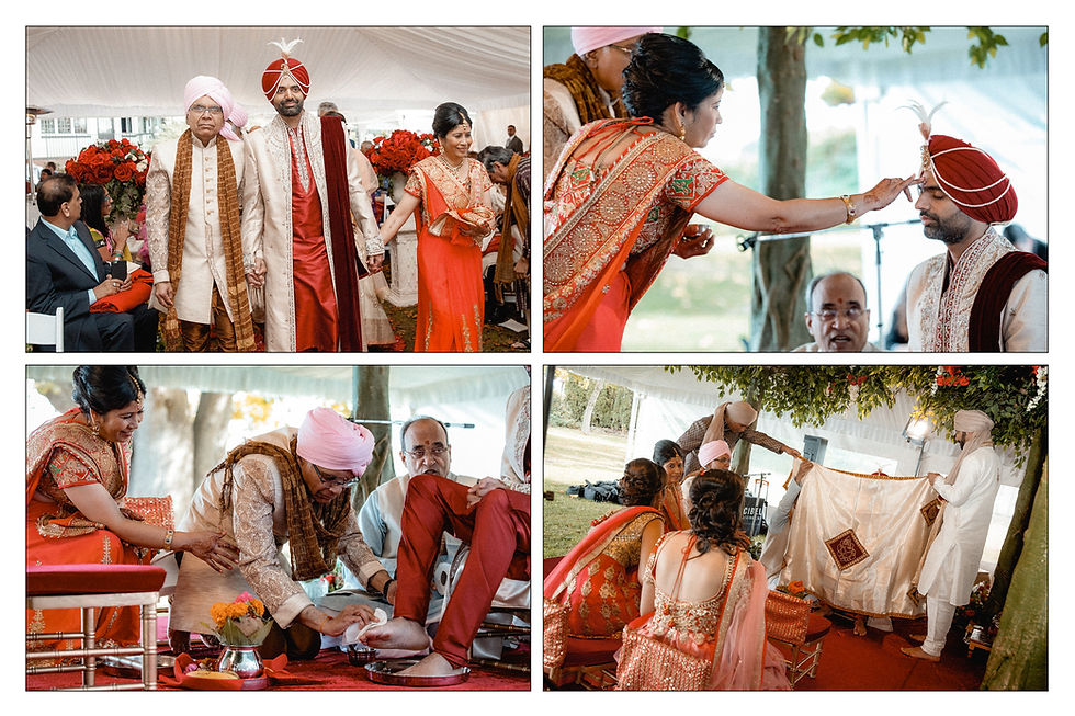 parents of the bride bring the groom to their daughter, fabric separates bride and groom