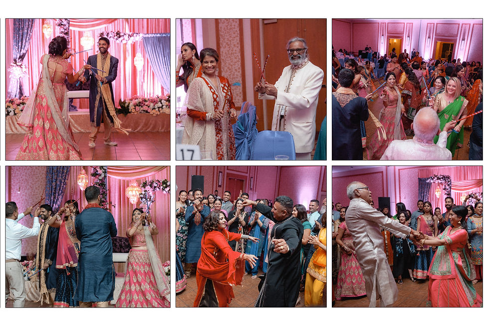 Multiple images of all people at reception dancing with the sticks.