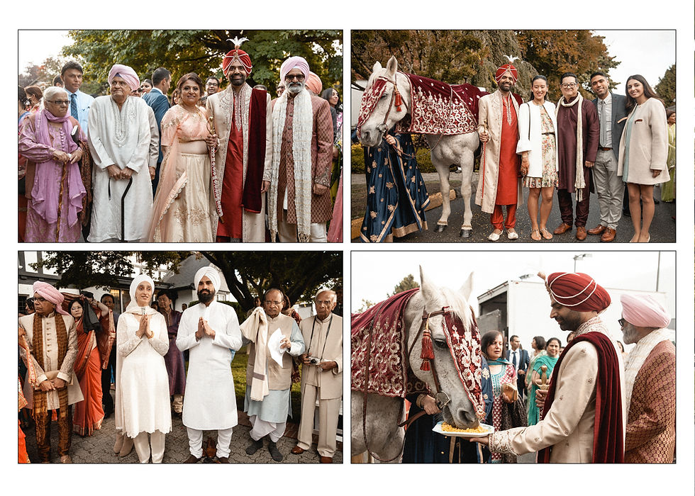 groom prepares to ride the horse to the ceremony site in series of images