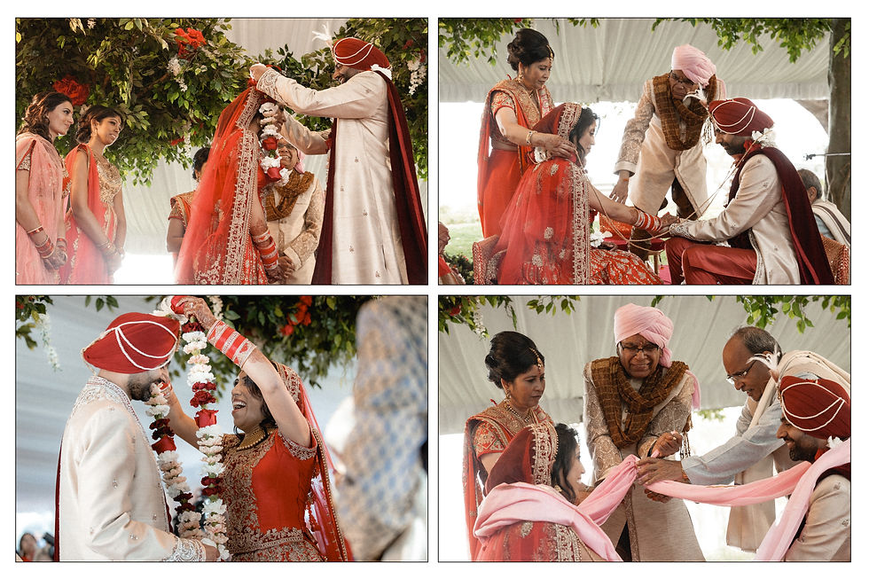 multiple images of bride and groom at Indian ceremony, bride and groom exchange the wreaths