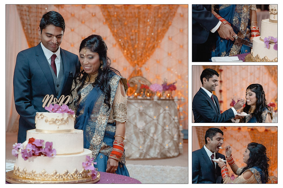 newlyweds cut the wedding cake and feed each other in a collage