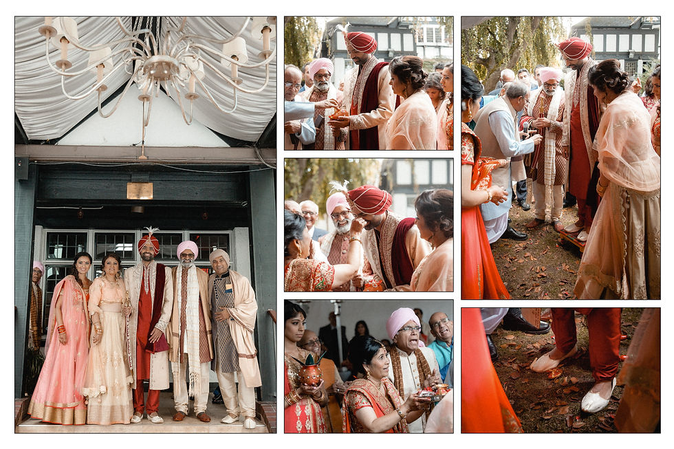 wedding rituals on multiple images with groom and the families