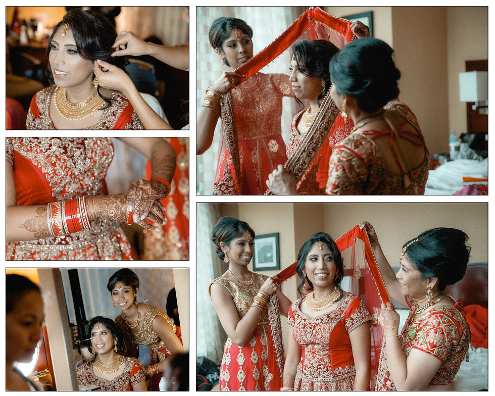 Collage of everyone helps the bride get ready into traditional Indian outfits