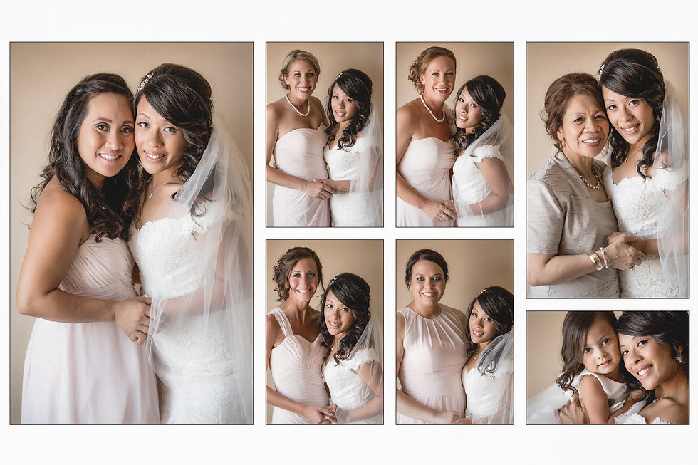Individual shots of the bride with each bridesmaid on a wedding layout, little flower girl in the bottom right corner.