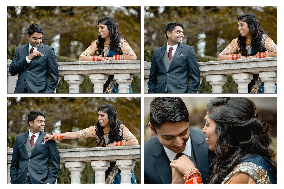 bride and groom are by the ledge, there are four images describing their interactions as he ends up kissing her hand