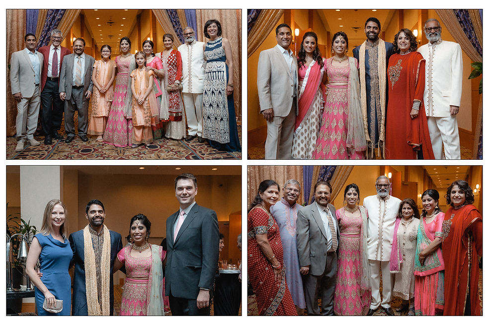 group shots of the couple with guests and family on a layout