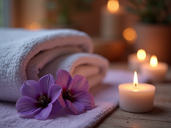 serene massage environment with purple flowers and warm candles.png