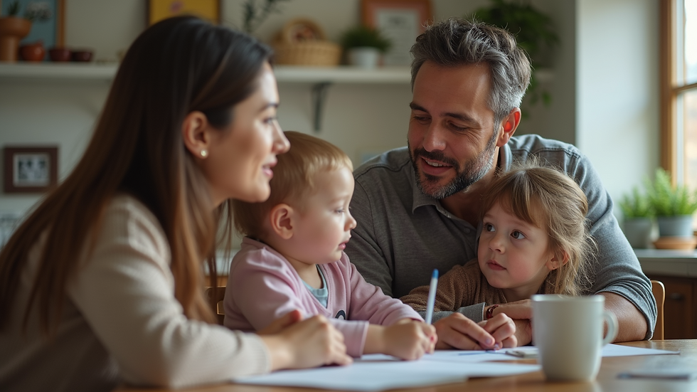 Eye-level view of a family discussing and sharing experiences