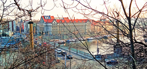 Čechův most skrytý za stromy Letenského kopce