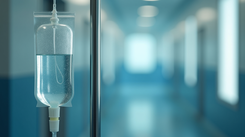 Close-up view of an IV drip bag with clear fluid hanging on a stand
