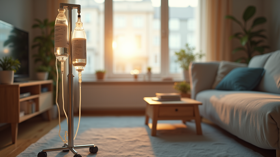 Eye-level view of a mobile IV therapy setup in a cozy living room