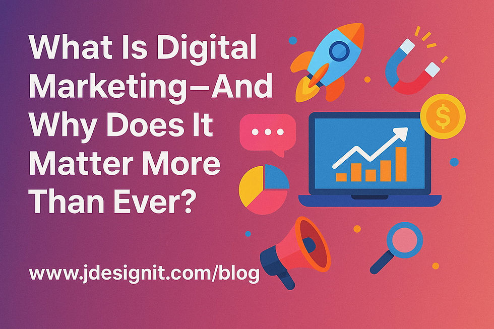 Digital marketing illustration with rocket, magnet, pie chart, laptop growth graph, and megaphone—visualizing online strategy, audience engagement, and business growth for blog 'What Is Digital Marketing—And Why Does It Matter More Than Ever?