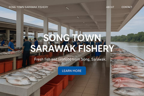 Fresh fish market at Song Town Sarawak Fishery with seafood tables, red bins, and shaded roof — web design by JDesignit