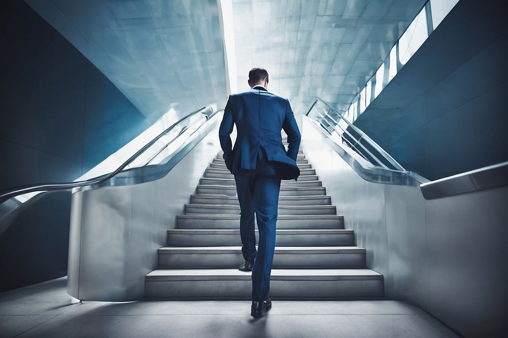 A man in formal wear walking up a staircase symbolizes professional development, set again