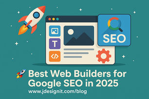 Top-rated web builders for Google SEO in 2025 – illustration of a webpage interface with SEO icons, rocket launch, and optimization tools for boosting search rankings and CTR. 