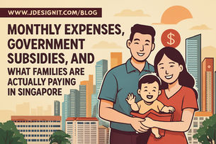 Singapore family monthly expenses – mother, father, and child in front of urban skyline with financial symbols reflecting costs, subsidies, and rising living prices