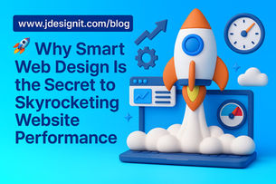 Rocket launching from a laptop surrounded by web design icons, symbolizing how smart web design accelerates website performance, SEO, and user engagement.