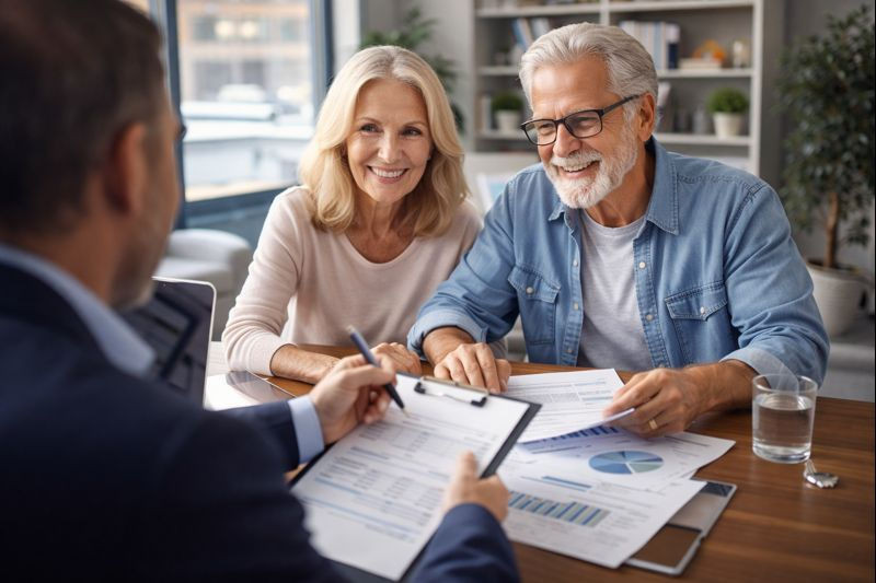 Older couple smiling at a desk, reviewing financial papers with a consultant. Bright office setting, papers show graphs, relaxed mood.