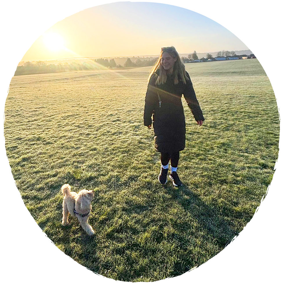 Tori and Rupert walking on a field at sunrise