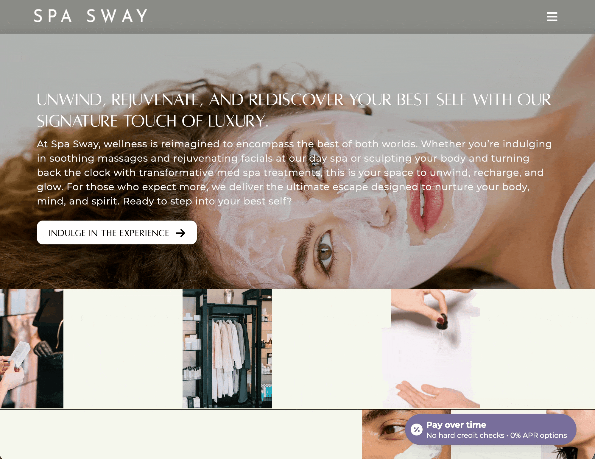 Spa Sway website homepage with luxury med spa messaging and treatment imagery