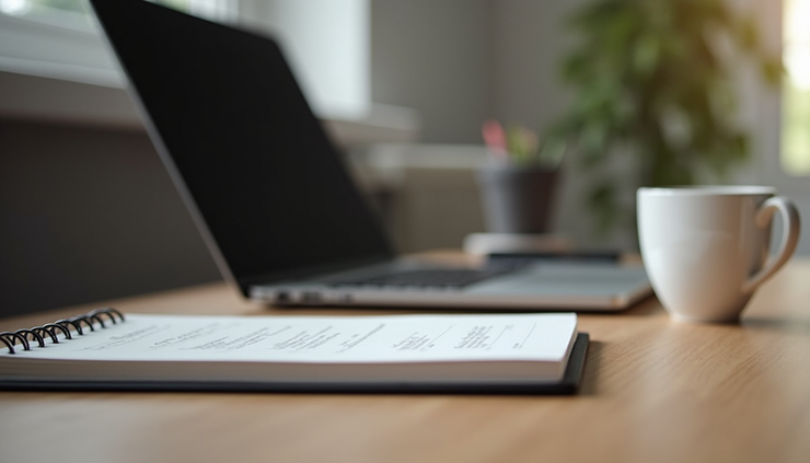 Eye-level view of a laptop on a wooden desk with a notebook and coffee cup, symbolizing personal branding work