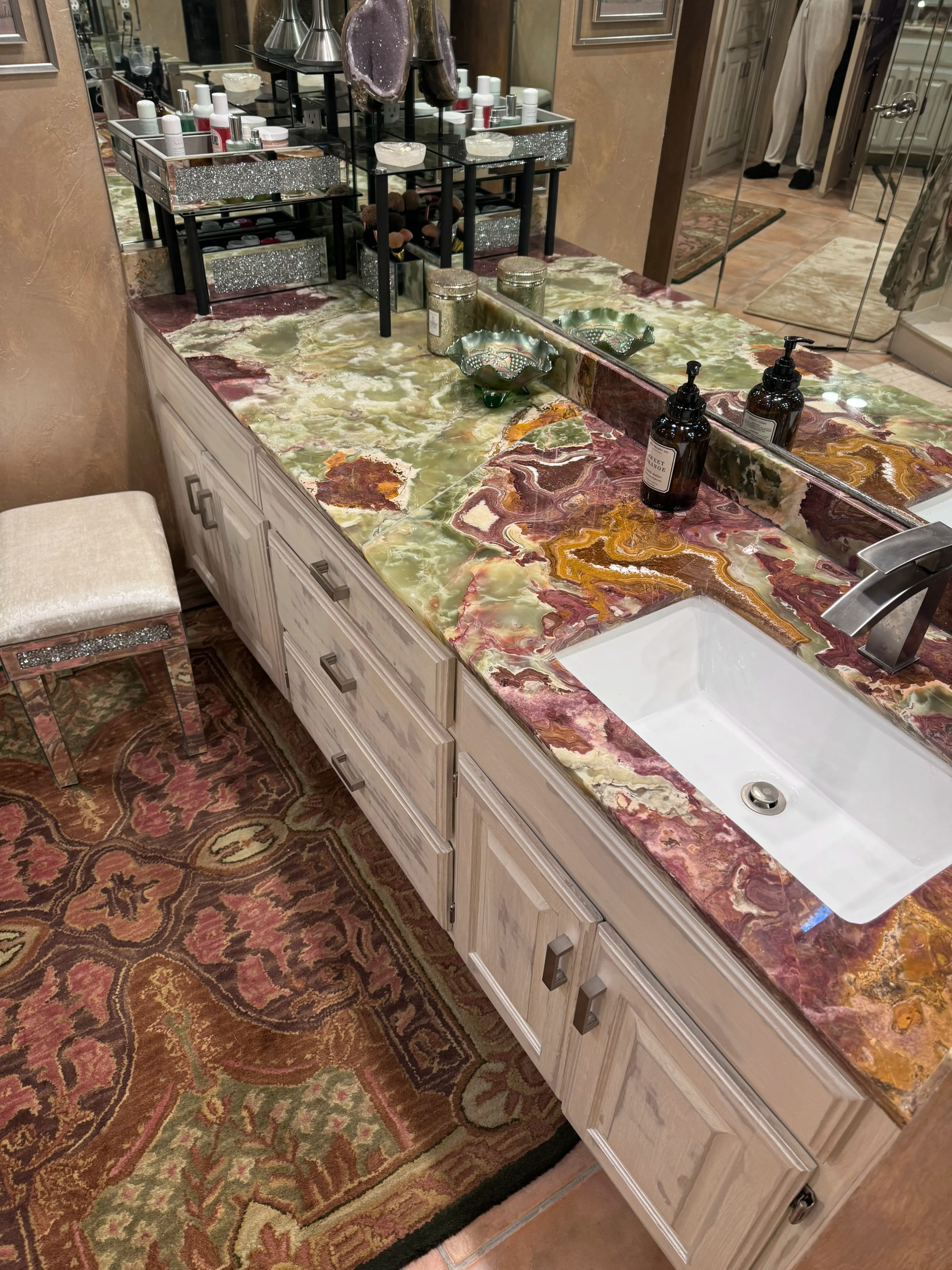 Custom bathroom vanity with silver paint finish and stone counter slab, photo 2