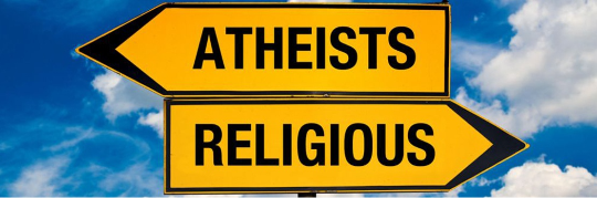 A directional board of Atheists and Religious.