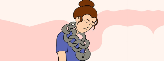 A woman with his neck locked with a chain.