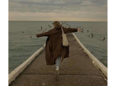 Person in a brown coat runs on a pier with arms outstretched, surrounded by flying birds. Overcast sky, ocean backdrop, evokes freedom.
