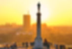 Sunset light on Danube river, Viktor statue and column and people in fortress Kalemegdan i