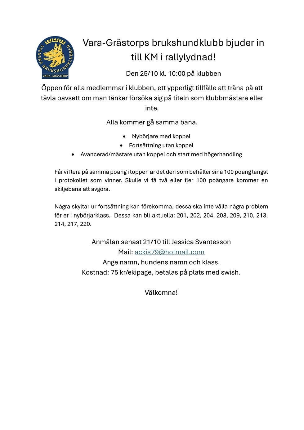 Inbjudan till KM i rallylydnad 25/10