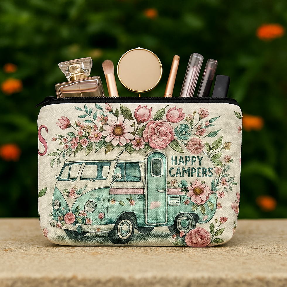 Neceser Happy Campers de lino con flores y furgoneta vintage