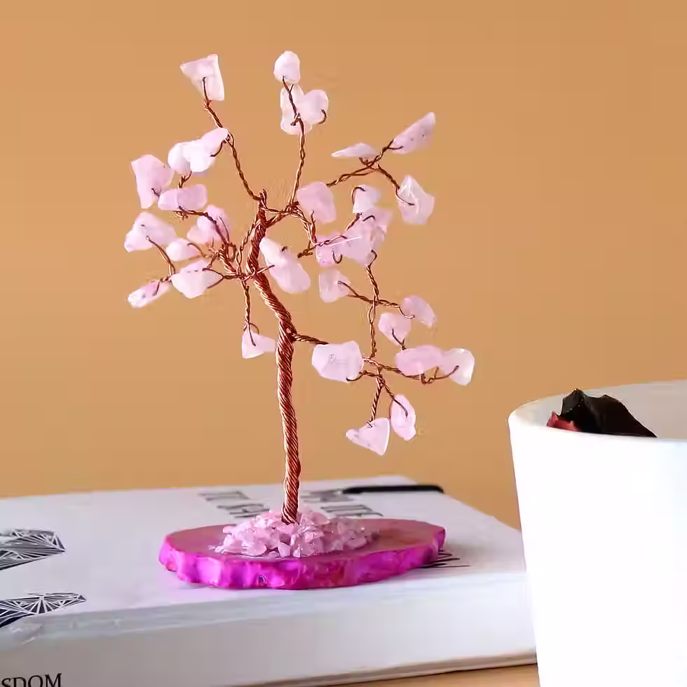 Árbol de Piedras Preciosas – Cuarzo Rosa sobre base de Ágata