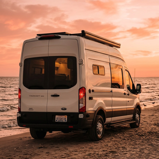 Ford Transit Nomadik rear three-quarter with Nomadic A1 10-foot awning and 48V AC.