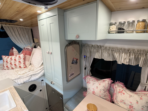 Full width interior shot, cottage garden Ford Transit campervan, Blue Grass and Forest Valley Green palette