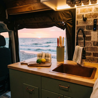 Nomadik galley with stained walnut butcherblock, overmount copper sink, brick backsplash