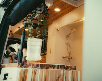 Camper van interior with glowing overhead lights and plants.