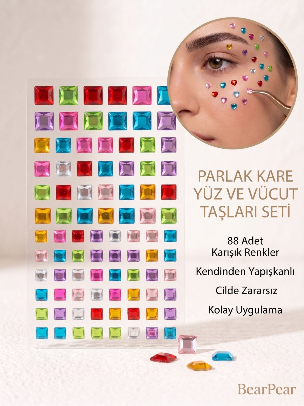Kare Yüz Taşı Çok Amaçlı Renkli Kare Yüz, Vücut, Tırnak Stickerları
