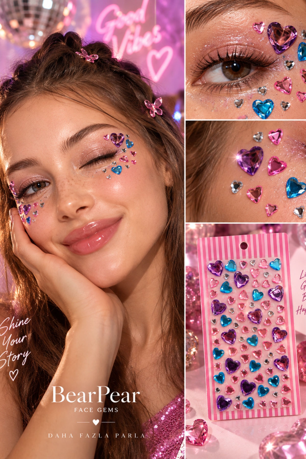 Pembe Mor Mavi Yüz Taşı Seti – Festival, Parti ve Makyaj Taşı Face Gems