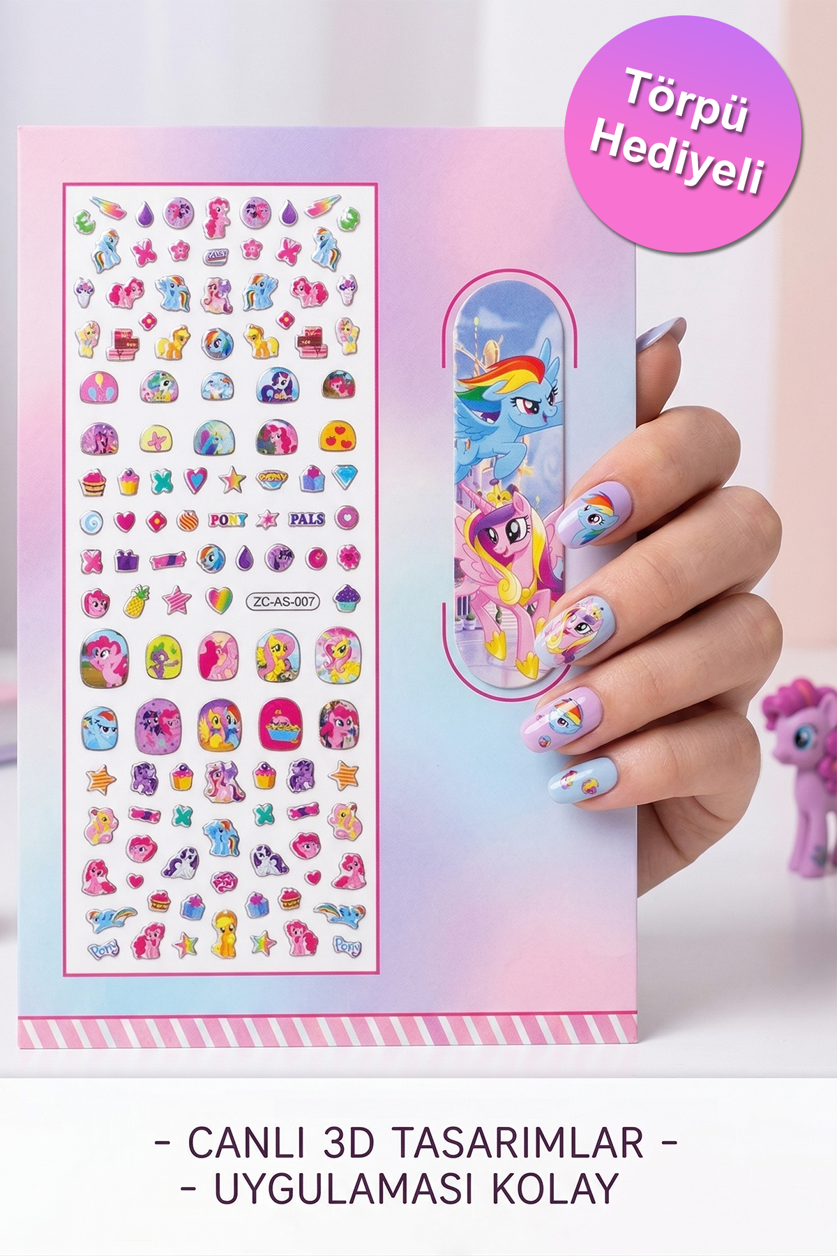 Pony Tırna Sticker Renkli Çocuk Tırnak Sticker Seti Törpü Hediyeli