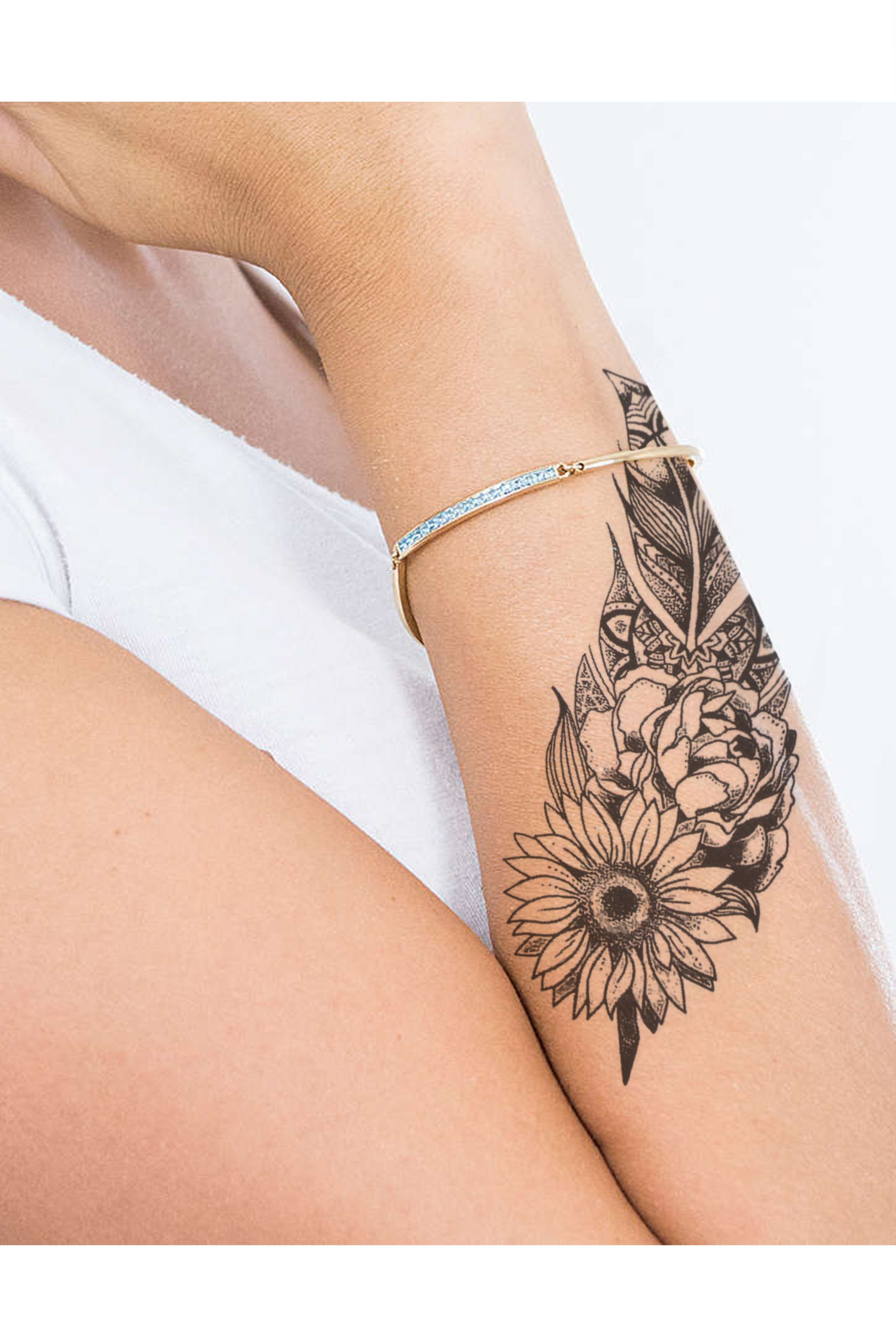 Mandala Ayçiçeği Kuş Tüyü Desenli Geçici Dövme