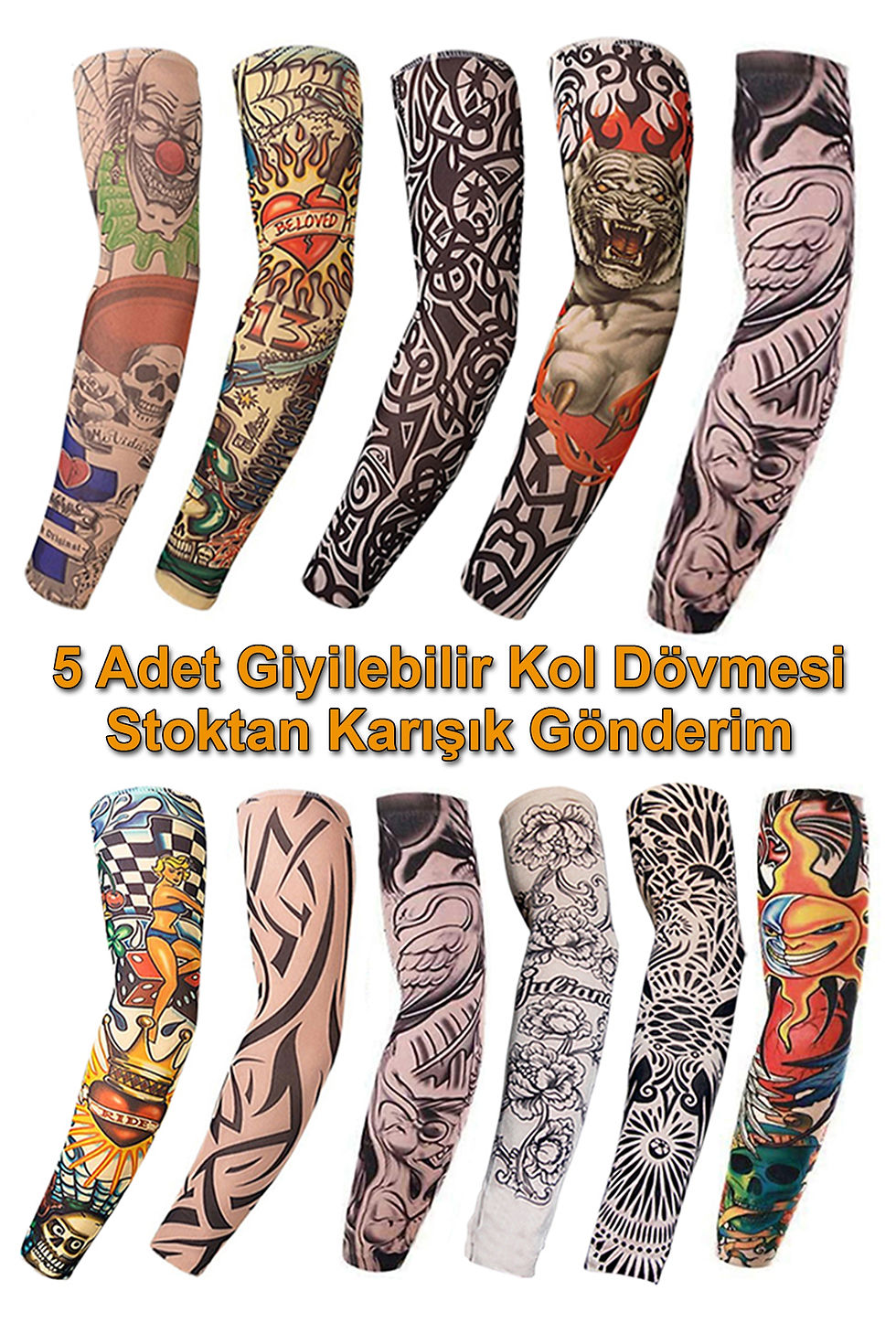 Küçük resim: 5'li Set Giyilebilir Kol Dövmesi Çorap Dövme 3D Baskılı Kol Dövmesi 5 Adet